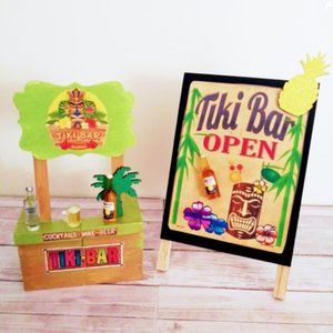 Wood Crafted 2 Pc Tiki Bar Set For Luau Themed Tiered Tray & Fun Party Decor!
